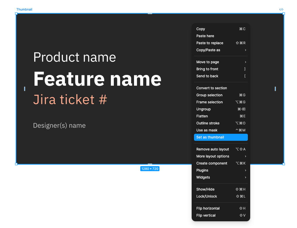 A frame in Figma with the menu open and “Set as thumbnail” highlighted