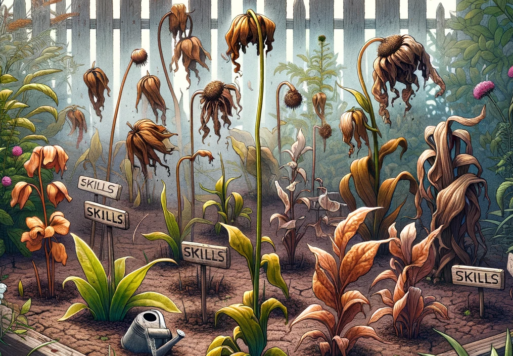 An image of wilting plants with signposts in the dirt that say “Skills” depicting the nature of depreciating skills as a garden that needs tending