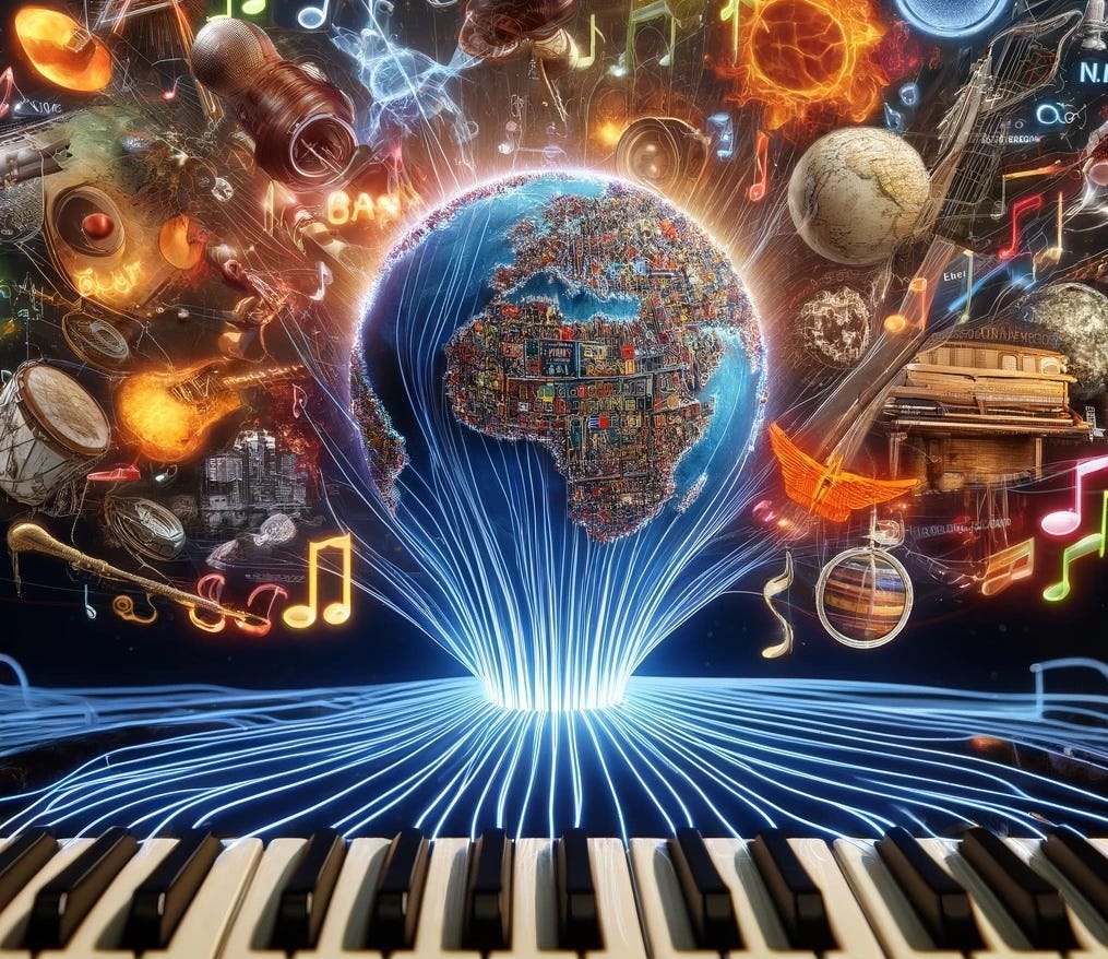 Illustration of diverse musical notes and lyrics flowing from various cultural backgrounds into a central AI brain or neural network, symbolizing deep learning analysis of emotional and cultural expressions in music genres such as Afrobeats, Pop, Rap, Country, and R&B.