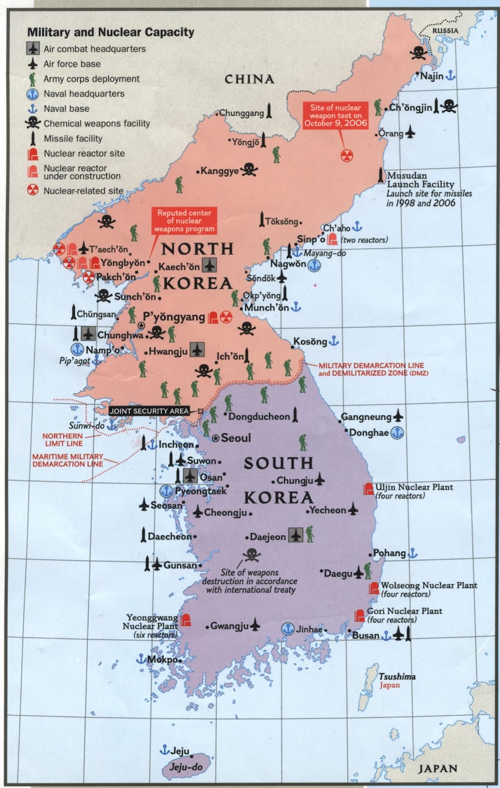 Map of military and nuclear facilities on the Korean Peninsula.