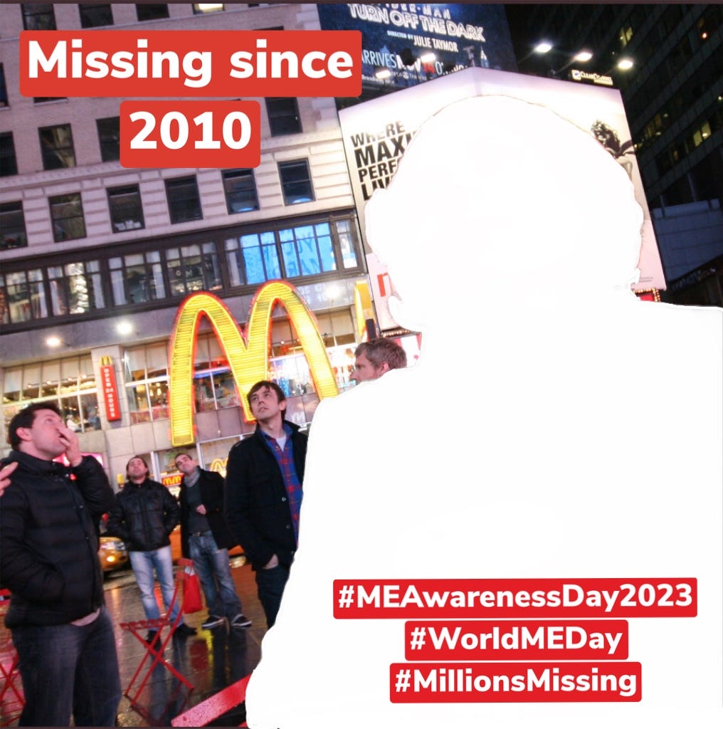 An outline of a person standing in Times Square, New York City. Words: Missing since 2010 #MEAwarenessDay2023 #MillionsMissing