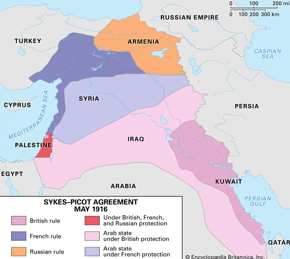 Map illustrating the territorial divisions of the Middle East under the Sykes-Picot Agreement of May 1916 during World War I.