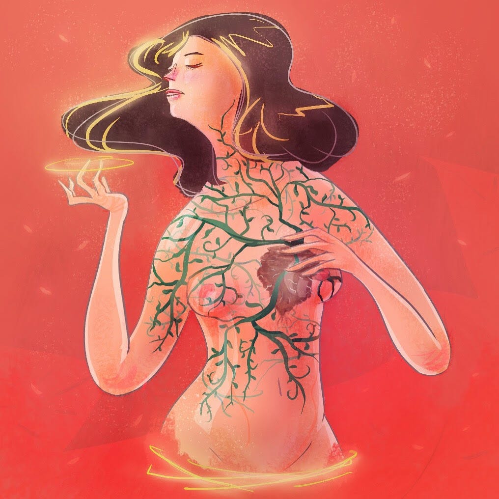 An illustration of a girl with see through skin, her heart looks like a piece of soil and there is an ivy grew from it covering her skin