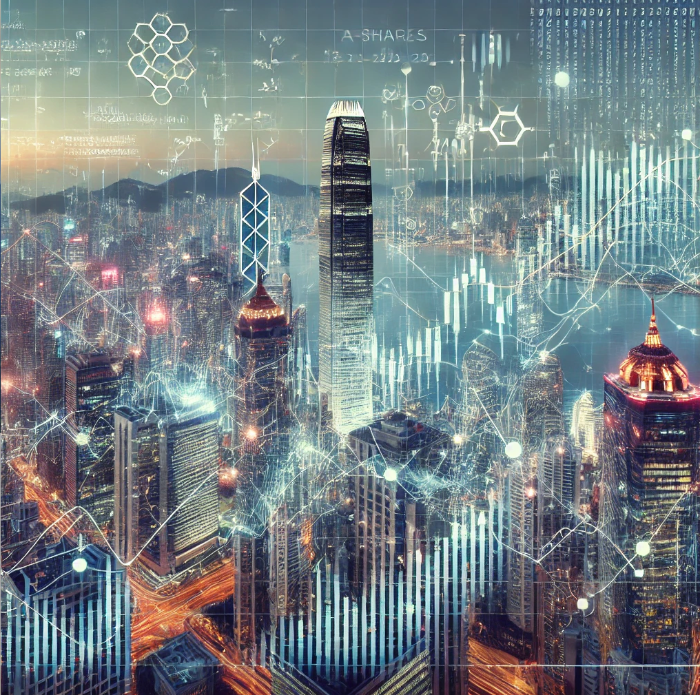 A detailed stock market graph overlaying a background of financial district skyscrapers from both Hong Kong and Shanghai. The graph highlights fluctuations in A-shares and H-shares prices, with lines and data points showcasing trading patterns. Additionally, algorithmic symbols and data points interconnect to emphasize the use of machine learning in trading strategies.