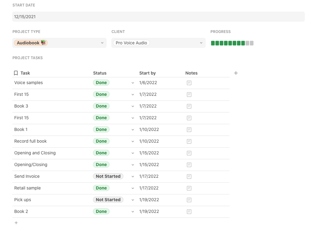 A table of tasks using Coda’s canvas column type.