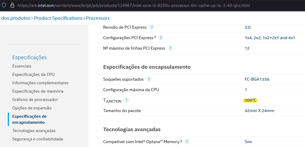 Captura de tela das especificações do processador Intel Core i5–8250U no site da Intel