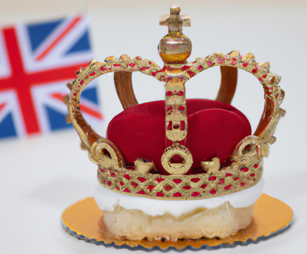 A British crown on a cake to celebrate the coronation with a small flag of the UK