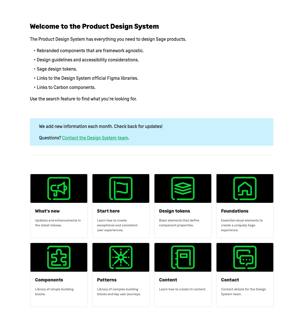Screenshot of the Sage product design system homepage