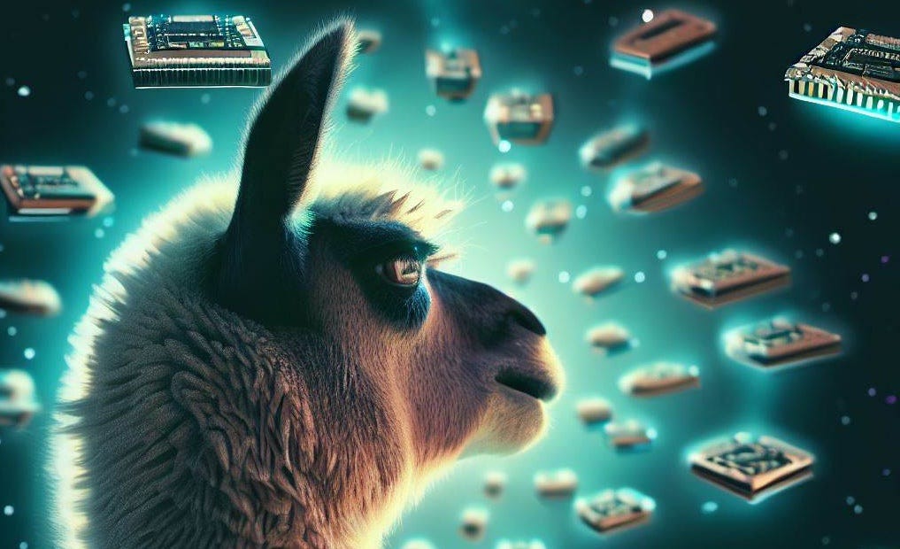 A computer-generated image of a llama with hundreds of CPUs orbiting it