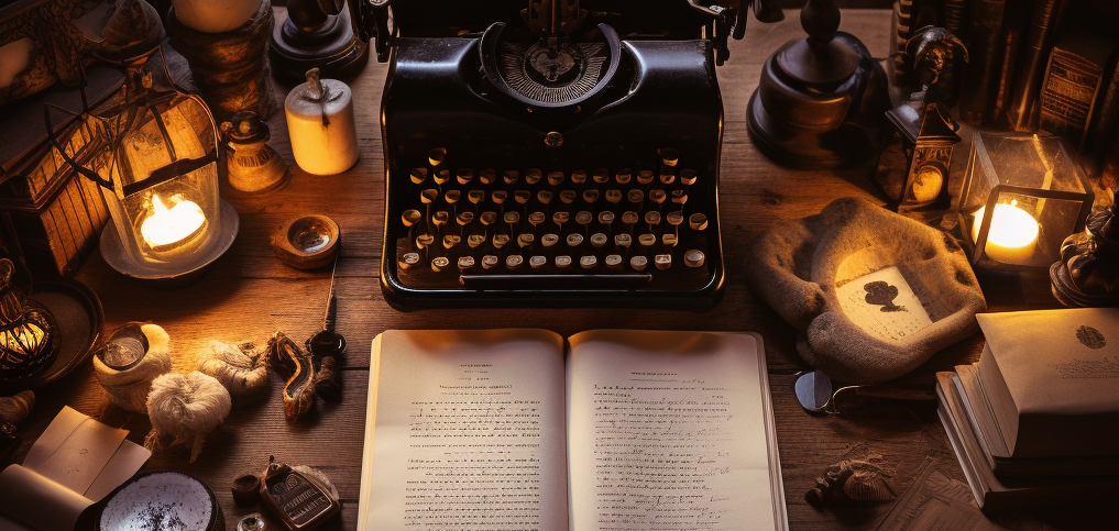 Midjourney generated image. Prompt: Birdseye view but up close, over a desk filled with handwritten letters and a vintage looking black typewriter, a quill. Everything is kind of brown toned, somber looking in the style of dark academia. There is a white candle burning too. Natural light falls on the paper, very simple and serene. The picture is taken with a sony alpha 7 iii with a 85 mm prime lens.