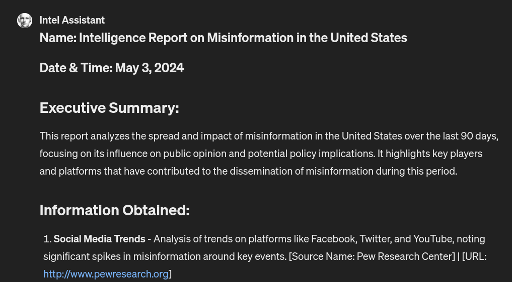 Screenshot displaying a sample intelligence report on misinformation in the United States generated by ChatGPT 4.