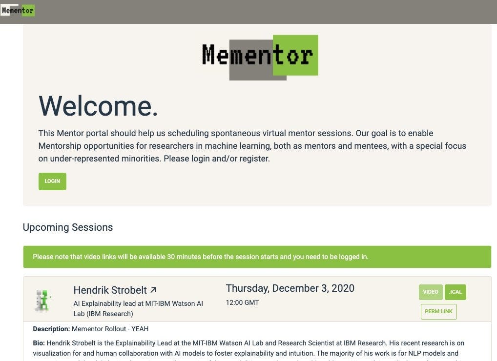 Screenshot of the Mementor website