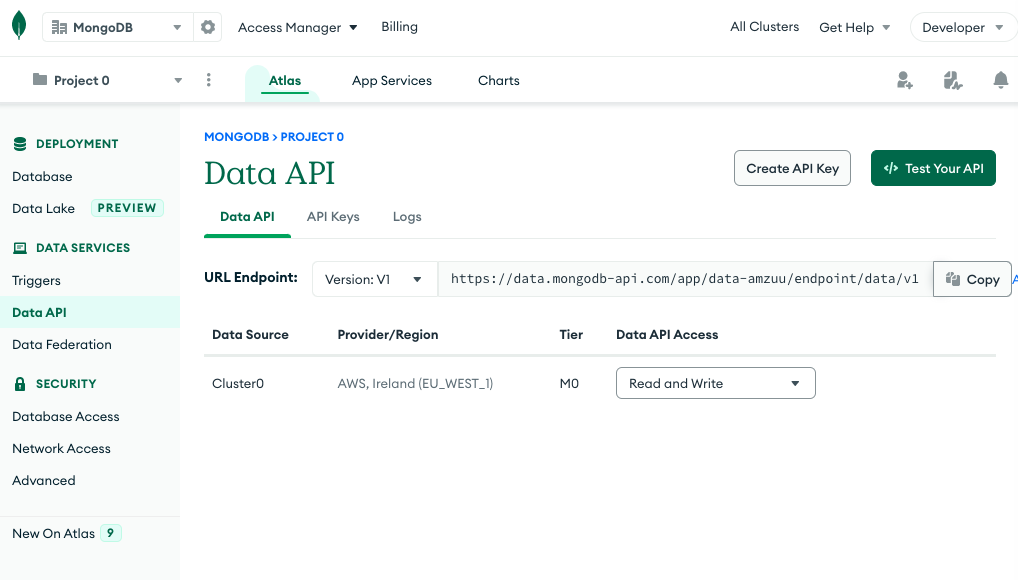 The MongoDB Atlas User Interface to get an API Key