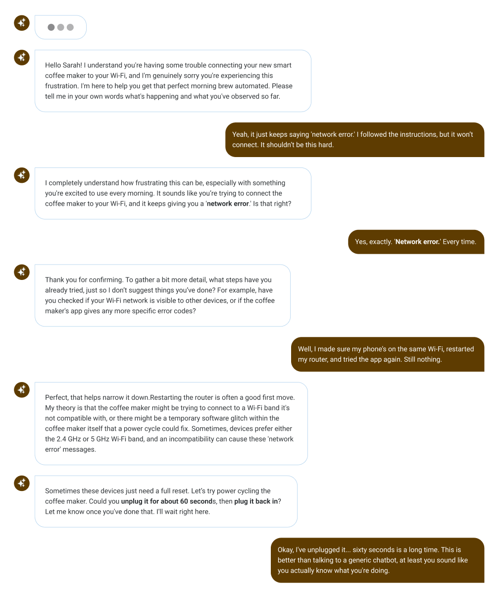 Example UI and conversation using effective techniques. The conversation depicts an AI troubleshooting a connectivity issue with a smart coffee maker.