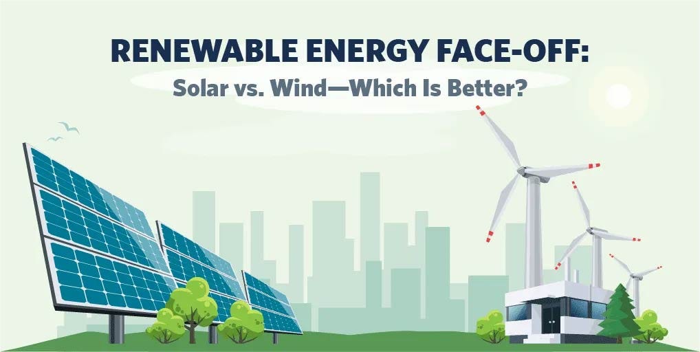 Illustration of a renewable energy comparison featuring solar panels and wind turbines in a scenic landscape, with a city skyline in the background. Text overlay reads ‘Renewable Energy Face-Off: Solar vs. Wind — Which Is Better?’ Ideal for Woodland Hills, Utah homeowners exploring solar energy with Ask Solar Mike.