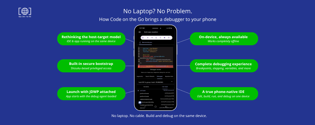 No laptop? No problem. Code on the Go brings the debugger to your phone.
