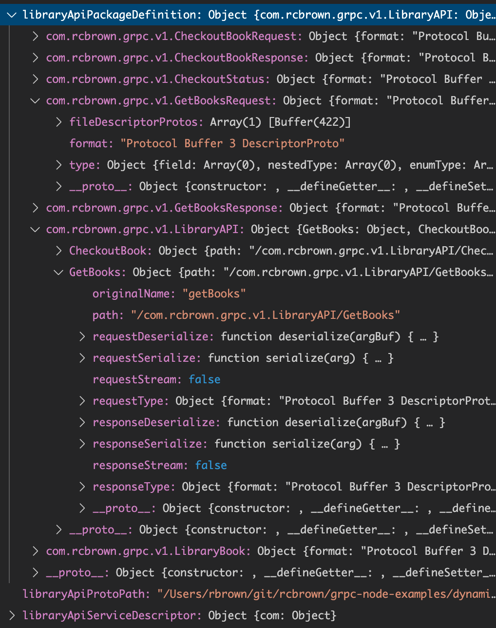 Debugger screenshot showing a JavaScript object containing hierarchies like “com.rcbrown.grpc.v1.LibraryAPI/GetBooks”