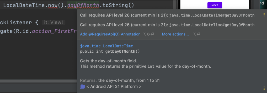 Android Studio warning about using newer API | Phrase