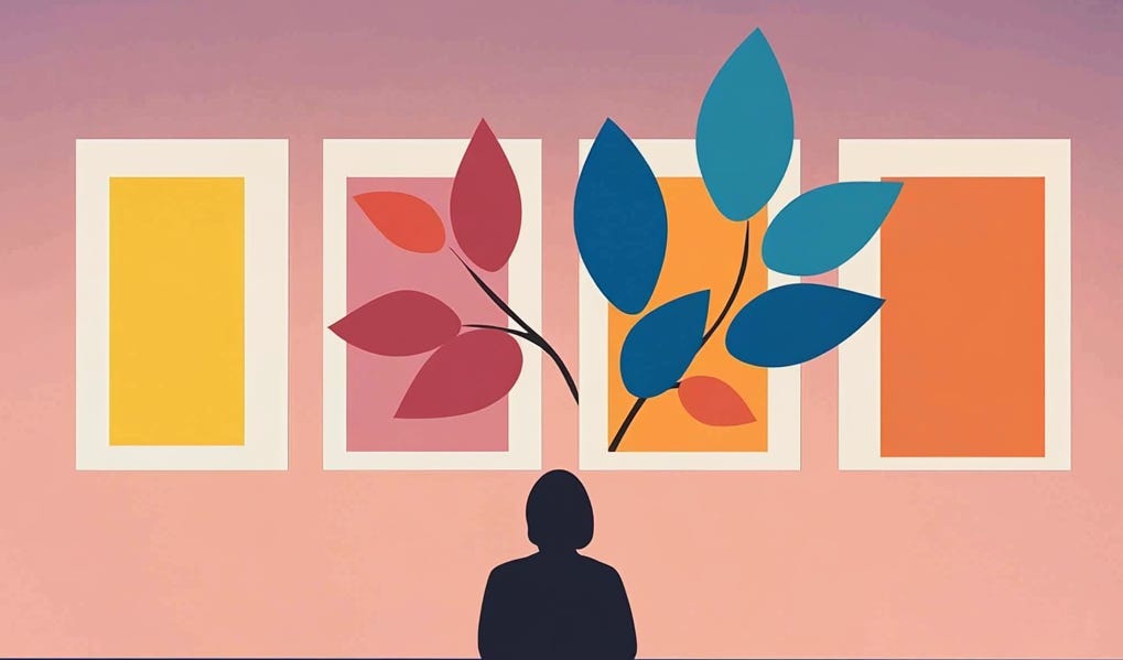 A silhouetted figure sits in front of four framed panels, each with a different colored background. Two abstract branches with red and blue leaves emerge from the center panels, representing diverging choices or outcomes. The background transitions from pink to purple, creating a contemplative, dreamlike atmosphere.