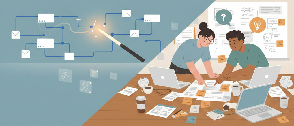 Split illustration showing a magic wand automating a clean workflow diagram on the left, and two people collaborating at a messy desk with papers and laptops on the right.