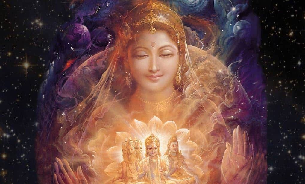 Picture of Adishakti and the three main dieties in hinduism