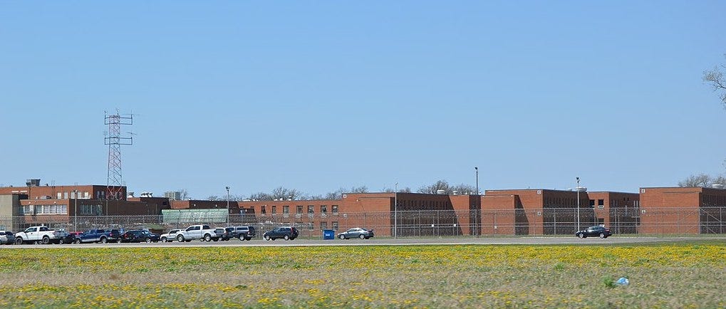 exterior view of the Marion Correctional Institution facilities, from outside the prison fence