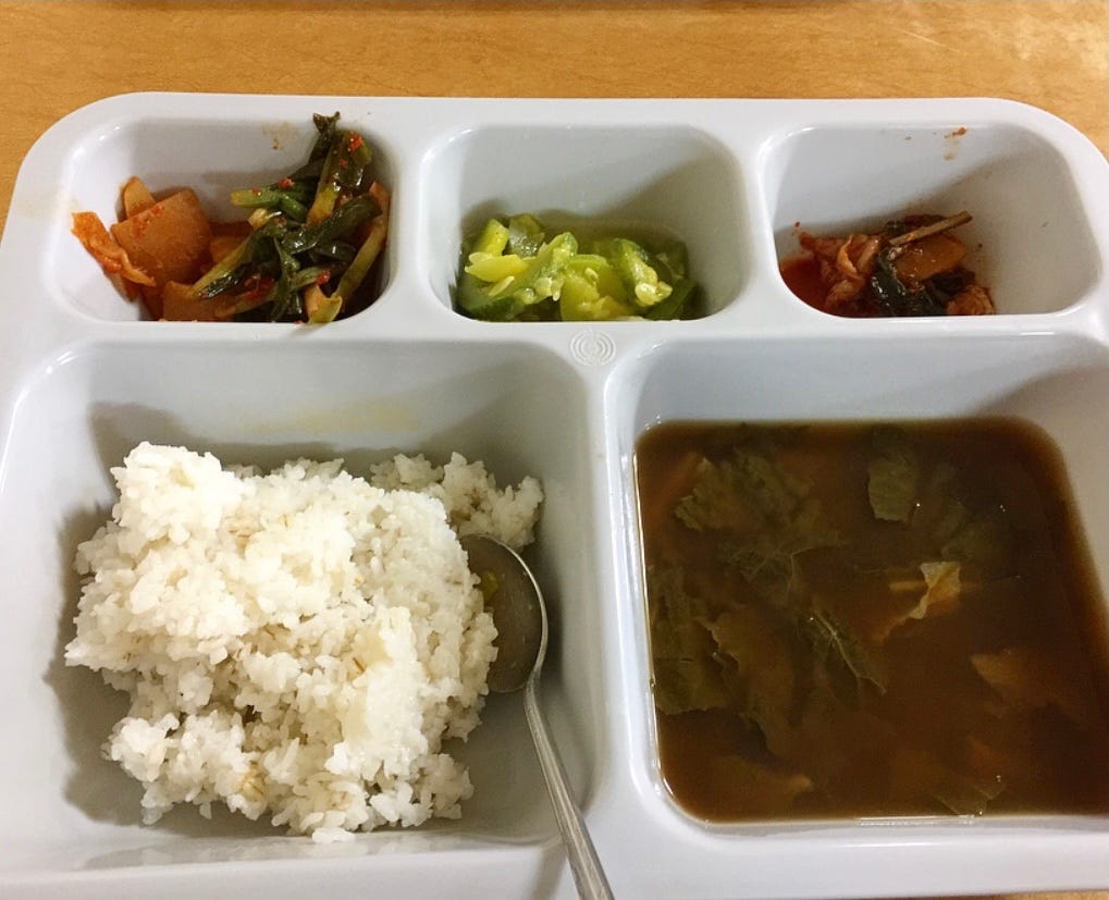 The breakfast at Guinsa Temple. It’s simple, yet satisfying. It’s rice, which is a Korean staple, seaweed soup, normally had on birthdays, and banchan, Korean side dishes such as kimchi and zucchini.