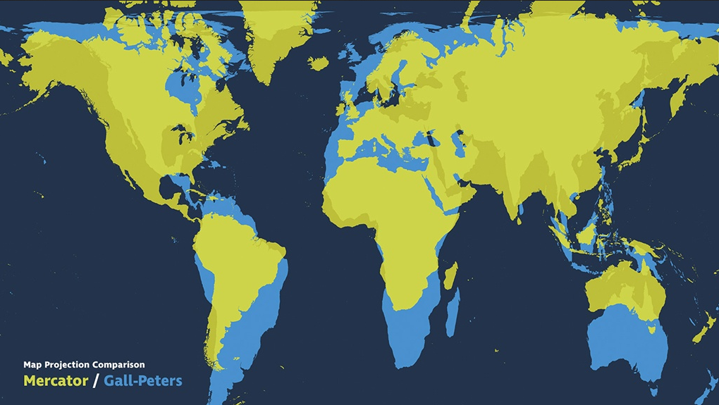 An overlay comparison of the Mercator vs Gall-Peters projections