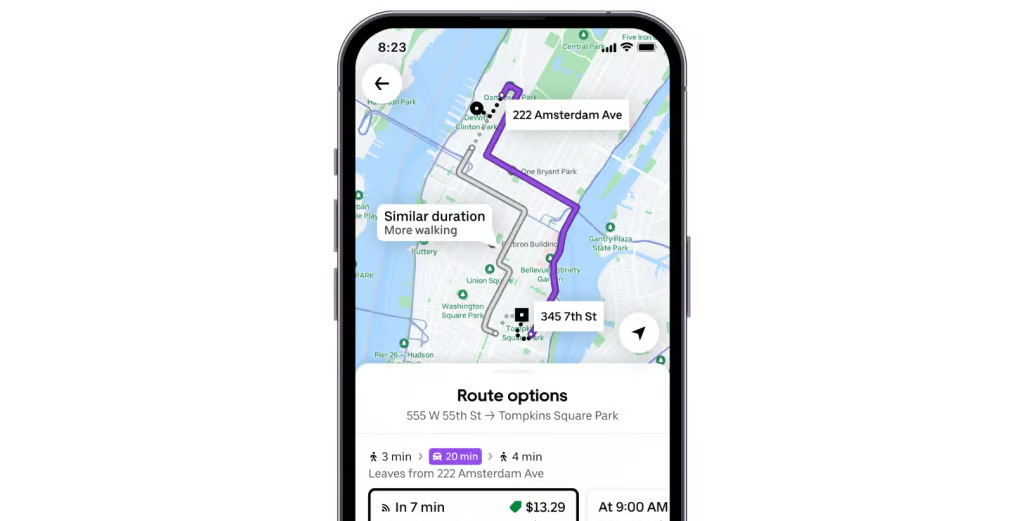 Smartphone containing a screen map from Uber’s Route Share feature