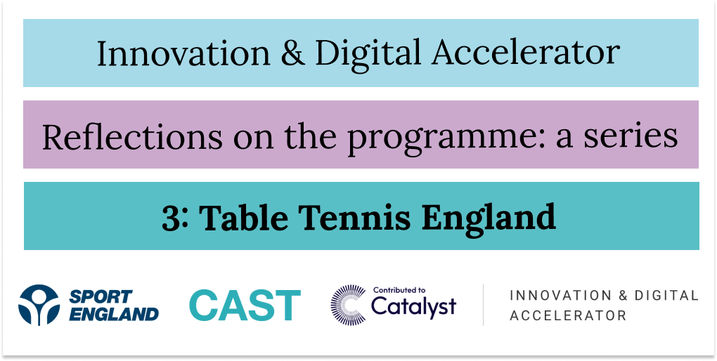 Three lines of text, reading: Innovation & Digital Accelerator / Reflections on the programme: a series / 3: Table Tennis England
