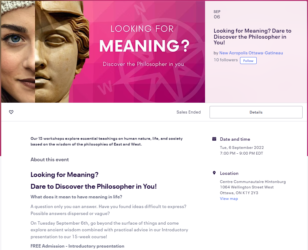 “LOOKING FOR MEANING? DISCOVER THE PHILOSOPHER IN YOU” is the banner image for an event page.