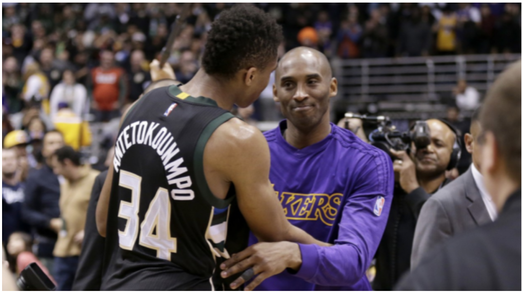 Giannis embracing Kobe Bryant his mentor