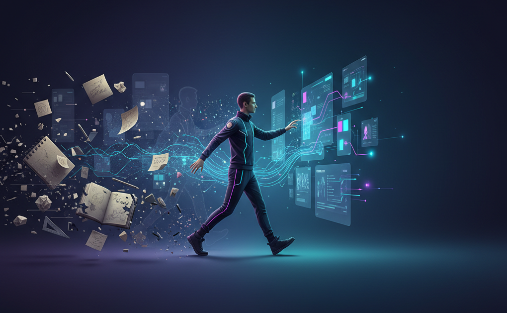 A designer shedding the past design artifacts and embracing the future of emerging tech