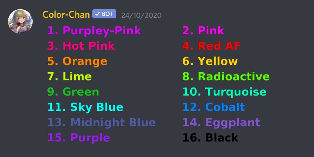 Screenshot of the Color Chan Discord bot features