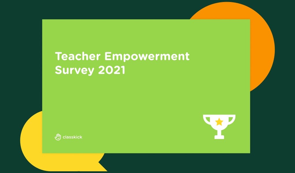 White text on a bright green background reads: “Teacher Empowerment Survey 2021.” In the lower right, a white trophy with a gold star on it. A dark green border with orange and yellow circles surrounds the green background.