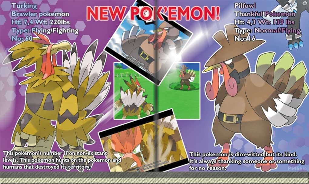 An image designed to mimic a scan of a two-page magazine spread, with a dark line down the middle to divide the pages. It depicts two fake bird-like Pokémon named Turking and Pilfowl, and has details about their types, heights, weights, and Pokédex entries. In the centre, there are three fake images designed to depict gameplay and stills from the Pokémon Anime.