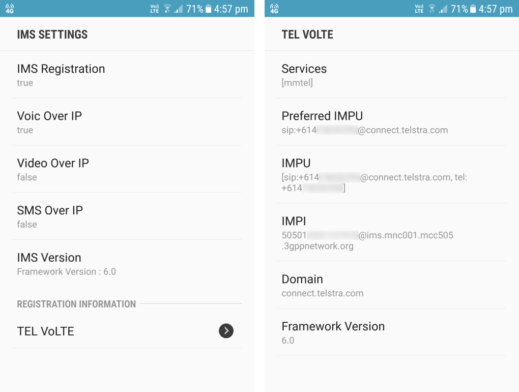 77467 IMS Settings Information on a Samsung Galaxy S6 with Android 7 — IMS True | Voice over IP/LTE True