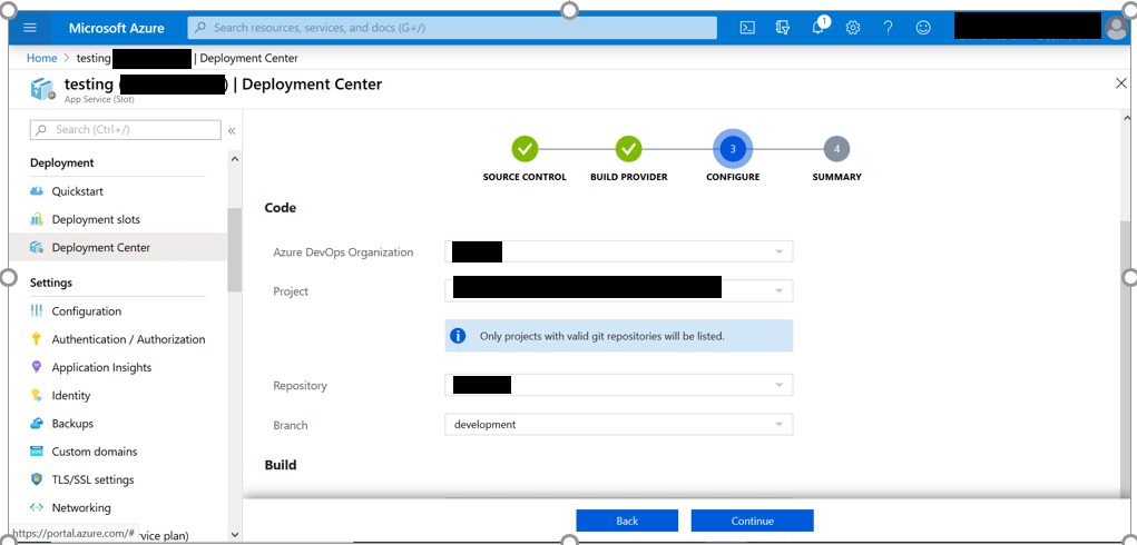 Choose the project, repository, and branch in the Configure section