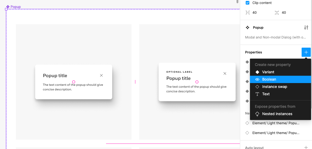 A popup UI component set in Figma with the Properties panel menu open with the Boolean property highlighted