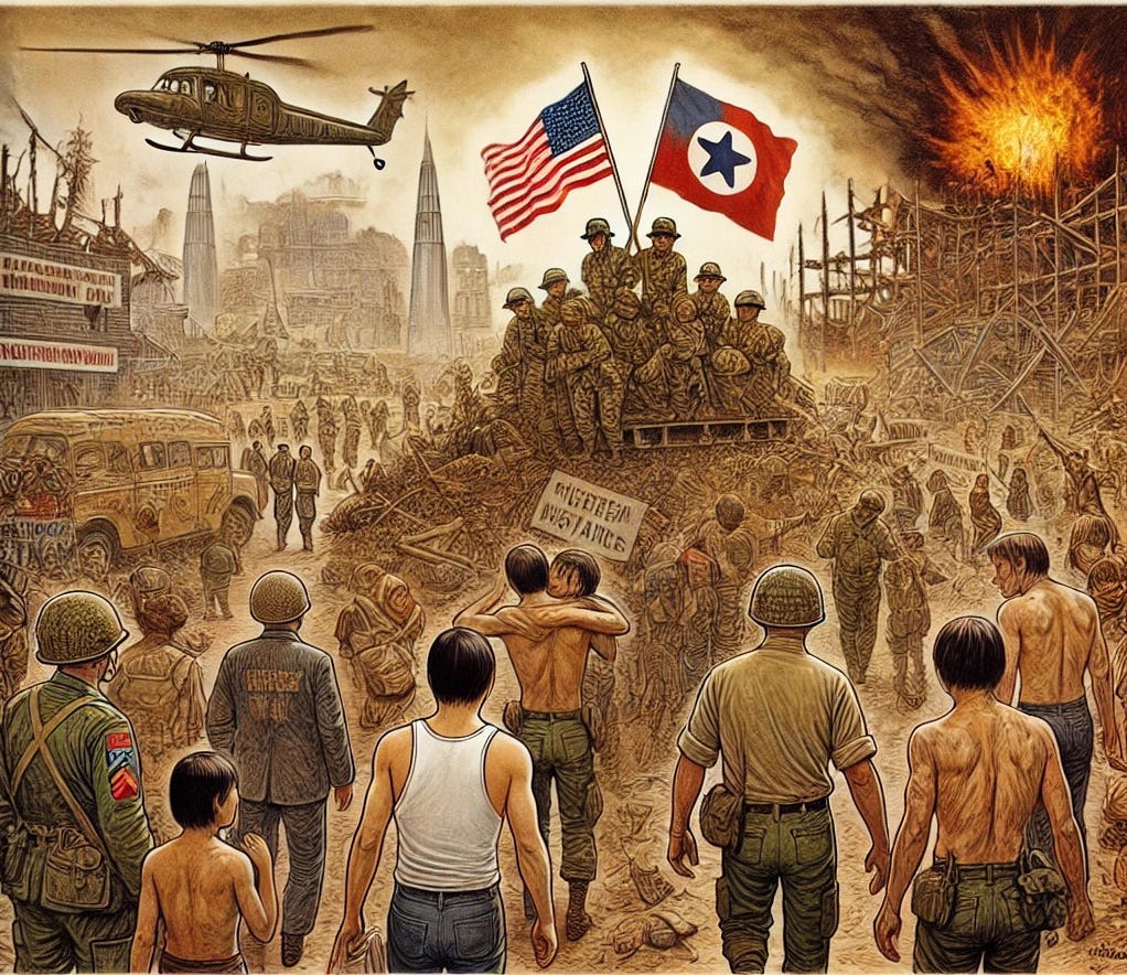 Figure 05: Image created by the Editor via DALL-E 3: An illustration of Anton’s chronicle highlighting the consequences of the Vietnam War, with comparisons to the Korean War. It shows the devastation in Vietnam and unnoticed American soldiers returning, reflecting the growing public hostility and the exhaustion of the American and Vietnamese peoples.