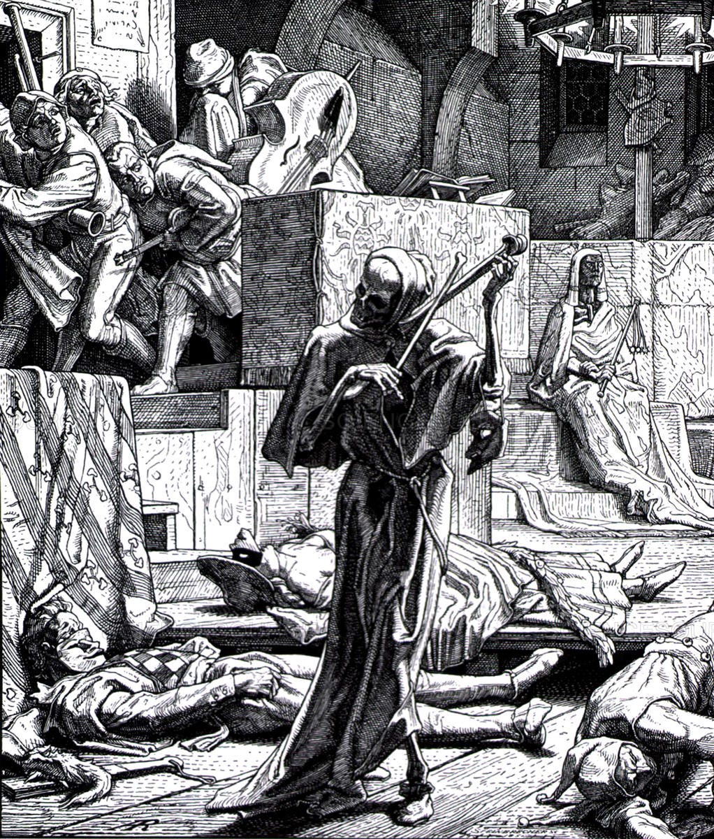 A skeleton in a cloak plays the violin as people on a higher building crouch in fear. In black and white.