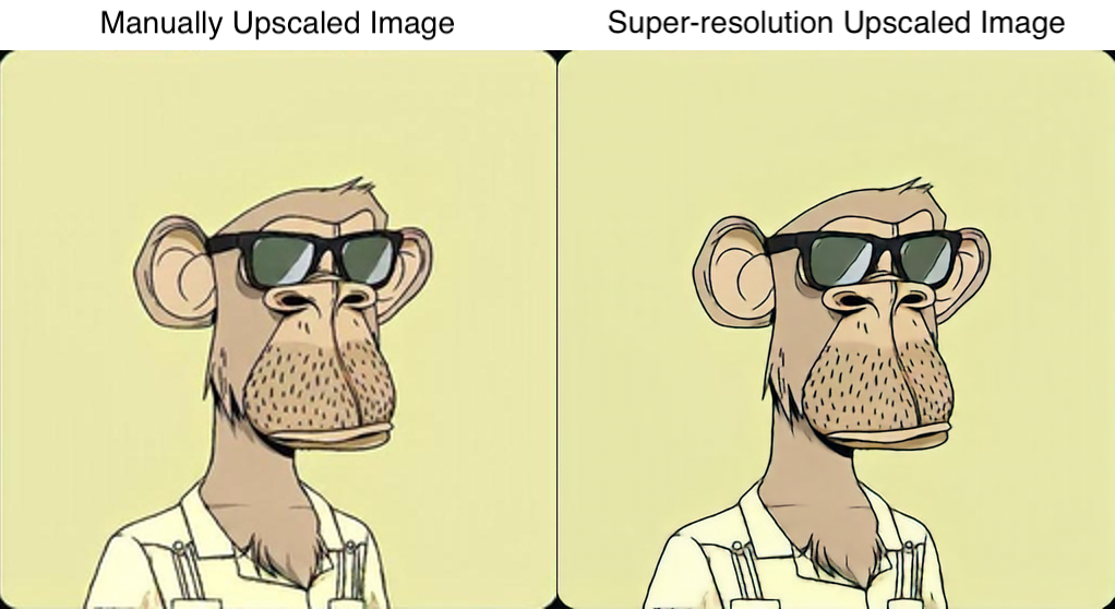 Two images of generated apes side-by-side. The left is a bit blurrier than the right, showing how the super-resolution upscaled image is better quality than a manually upscaled image.