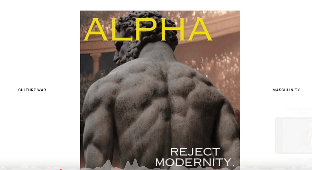 Back view of a muscular classical statue with “ALPHA — REJECT MODERNITY” — manosphere iconography normalising hierarchy.