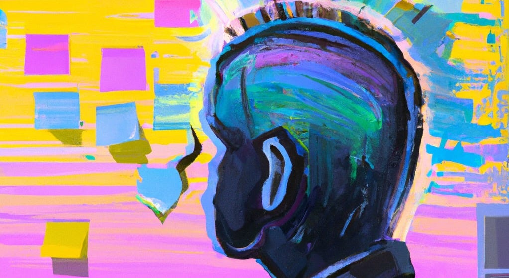 An abstract painting of a head looking at a post-it notes stuck to a wall