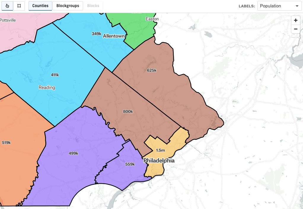 Population count on top of counties of Pennsylvania