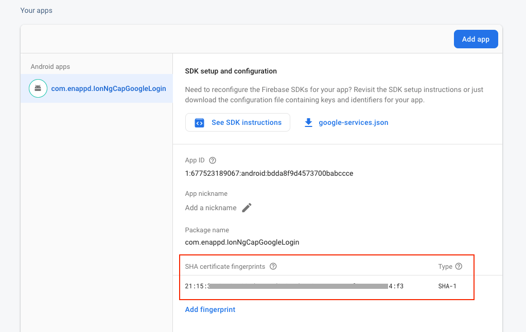 Add SHA-1 key in your Google Project’s Android App