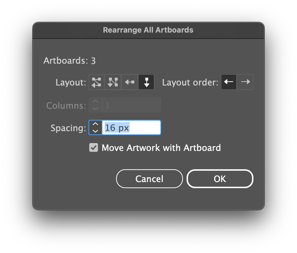 A screenshot of the Adobe Illustrator “Rearrange All Artboards” panel.